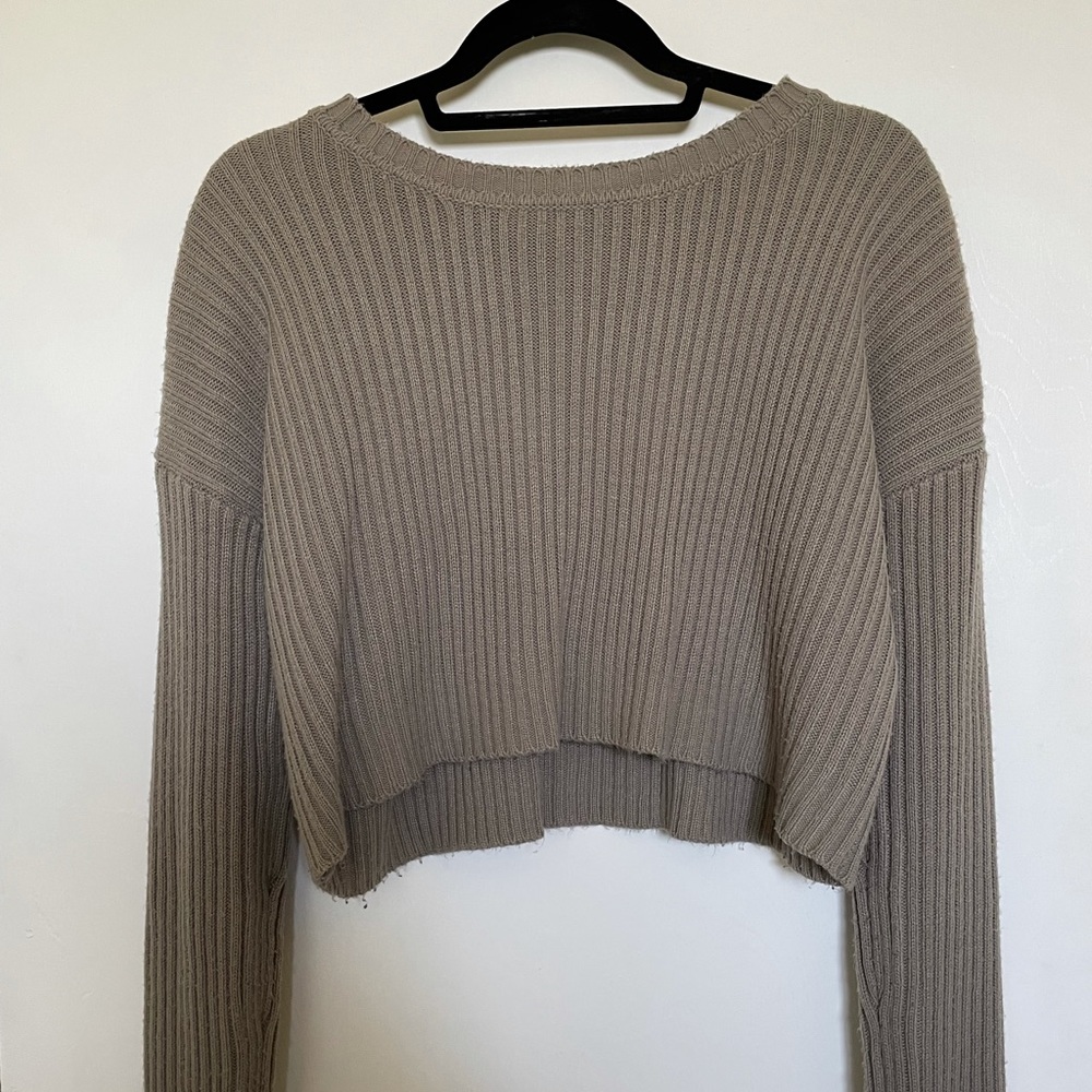 Gray Brown Cropped Ribbed Long Sleeve
